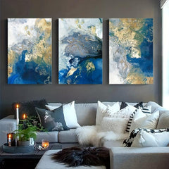 3pcs Ocean Abstract Canvas Art Golden Teal Painting Wall Decor