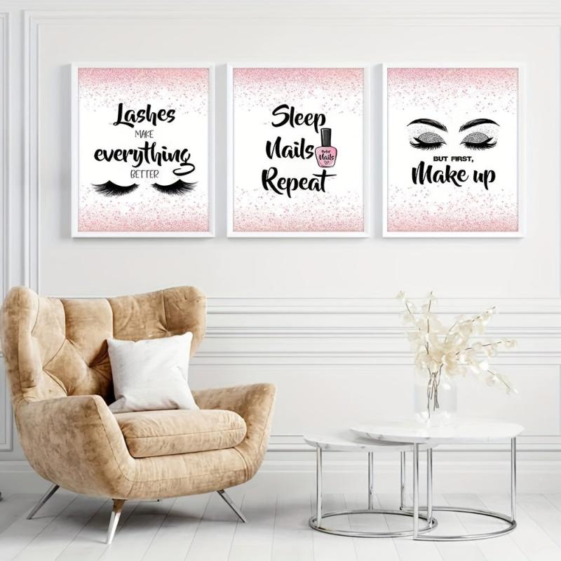 3pcs Pink Abstract Canvas Painting Art Print Makeup Nai