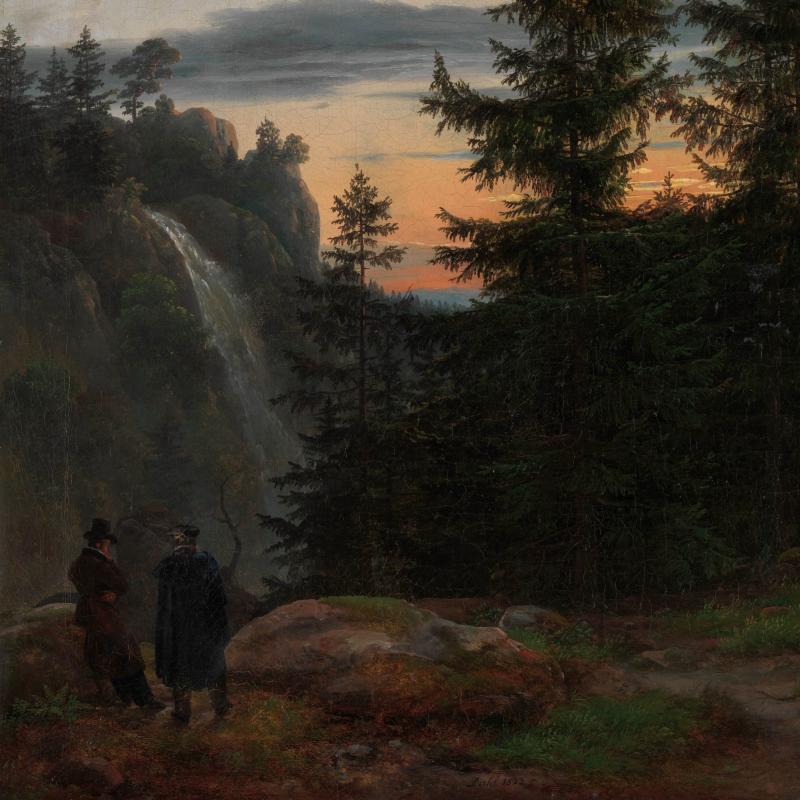 Nordic Landscape Painting Two Men Before Waterfall at Sunset 1823