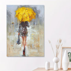 Canvas Wall Art Girl Umbrella Walking in Street Rain Modern Print