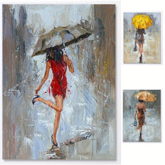 Canvas Wall Art Girl Umbrella Walking in Street Rain Modern Print