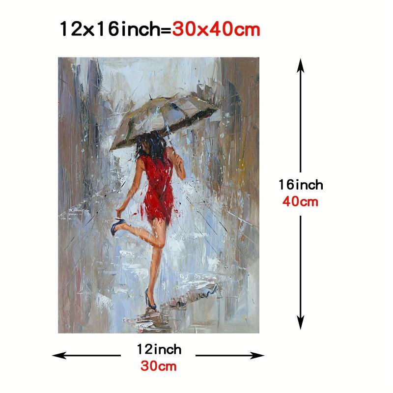 Canvas Wall Art Girl Umbrella Walking in Street Rain Modern Print