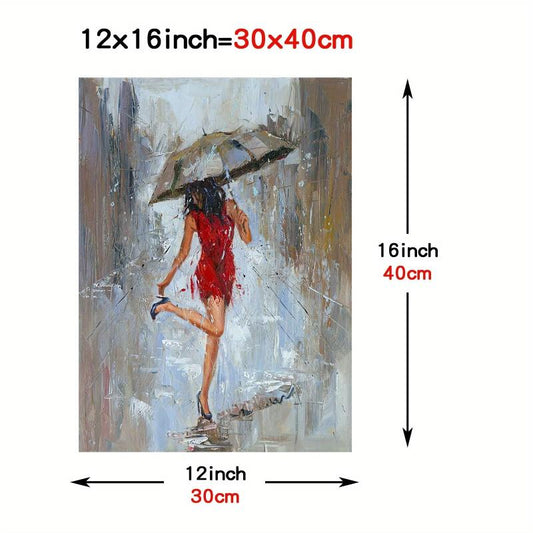 Canvas Wall Art Girl Umbrella Walking in Street Rain Modern Print