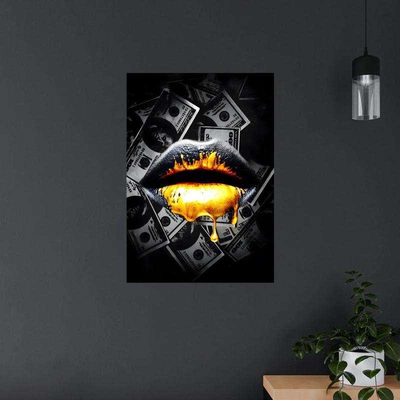Golden Lip Painting - Abstract Canvas Artwork for Home Wall Decor