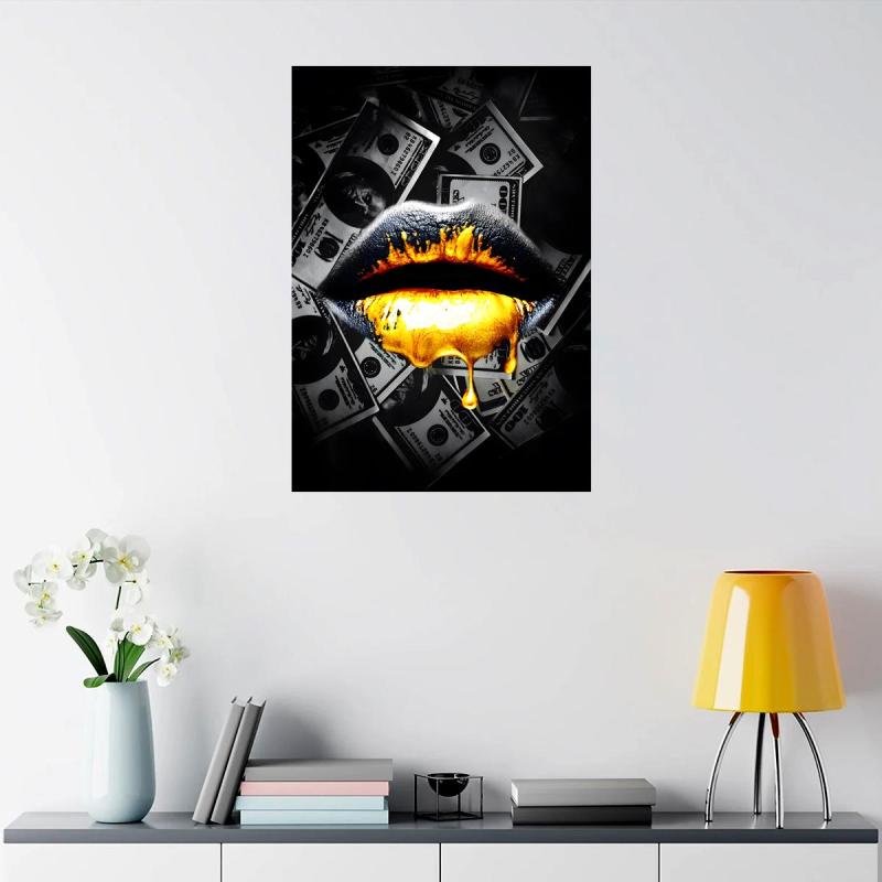 Golden Lip Painting - Abstract Canvas Artwork for Home Wall Decor