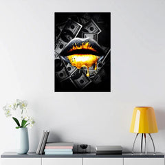 Golden Lip Painting - Abstract Canvas Artwork for Home Wall Decor