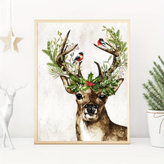 Vintage Deer in Snow Canvas Poster Winter Art Print Woodlands Christmas Wall Pic