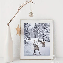 Vintage Deer in Snow Canvas Poster Winter Art Print Woodlands Christmas Wall Pic