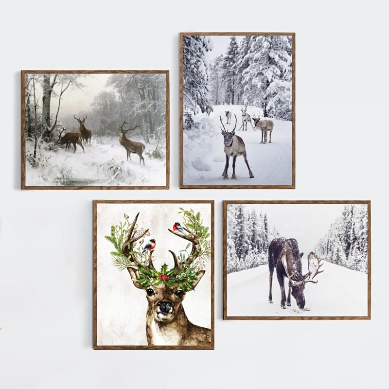 Vintage Deer in Snow Canvas Poster Winter Art Print Woodlands Christmas Wall Pic