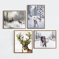 Vintage Deer in Snow Canvas Poster Winter Art Print Woodlands Christmas Wall Pic