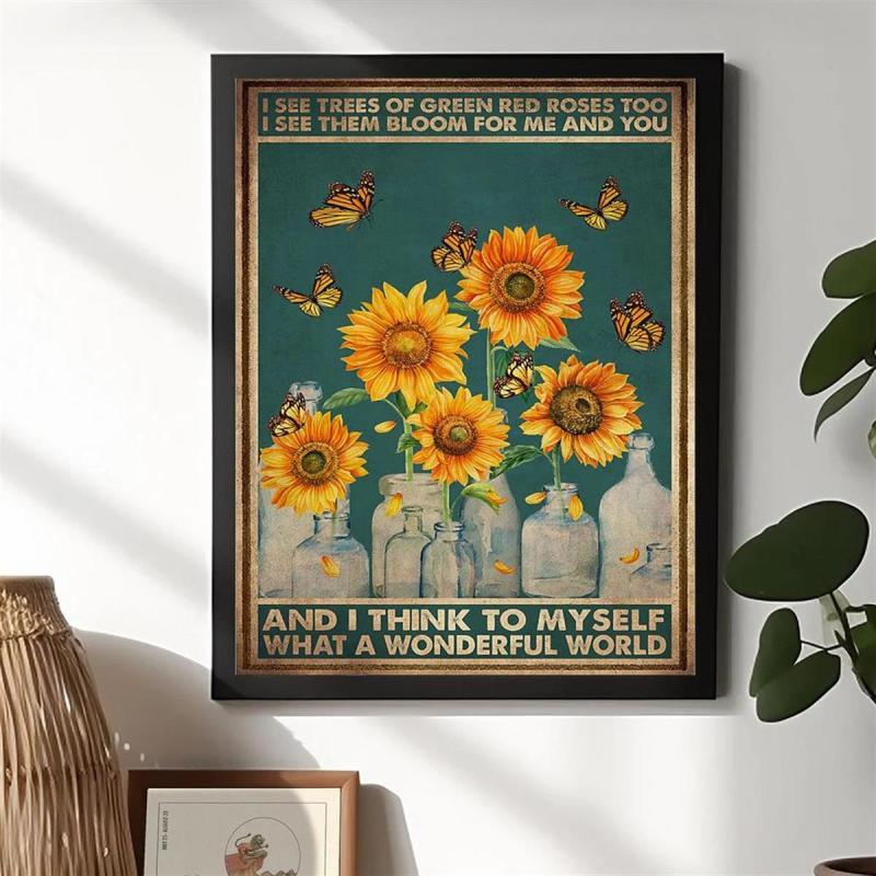 Vintage Sunflower Butterfly Canvas Painting