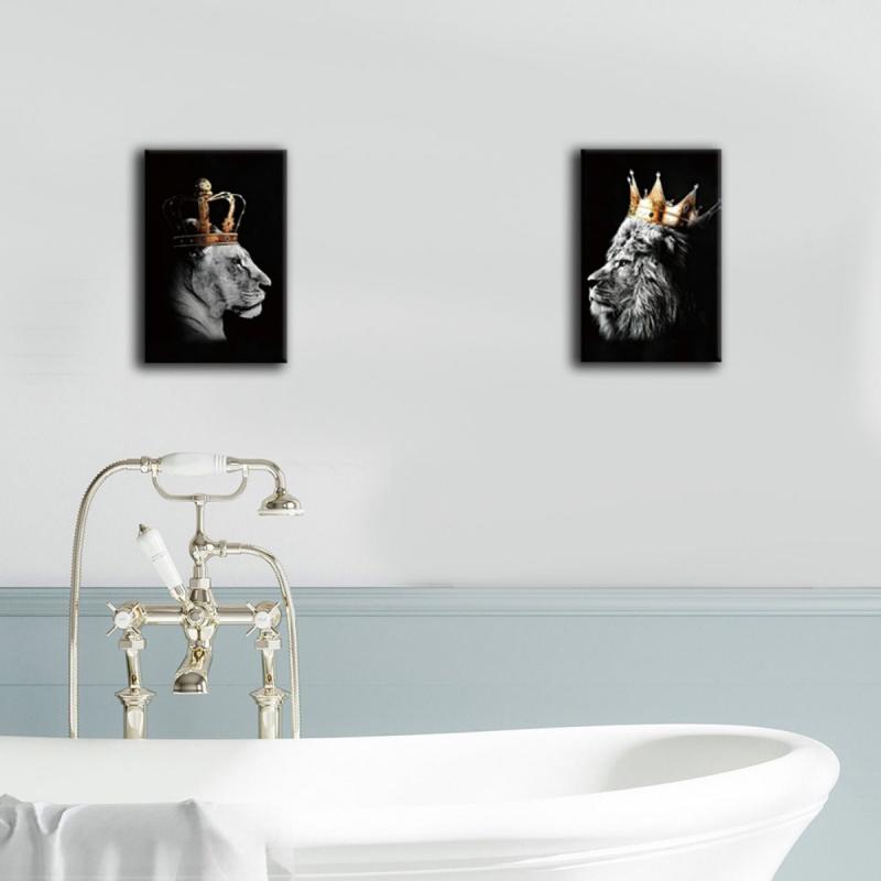 African Lion Couple King Crown Canvas Frame Wall Art 20x12 Inches