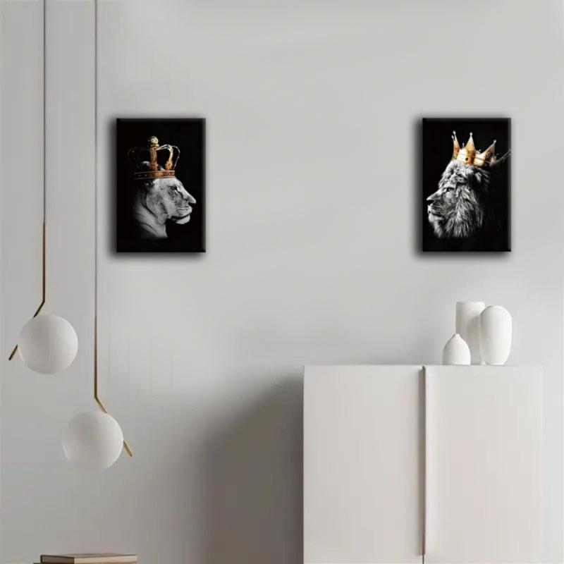 African Lion Couple King Crown Canvas Frame Wall Art 20x12 Inches
