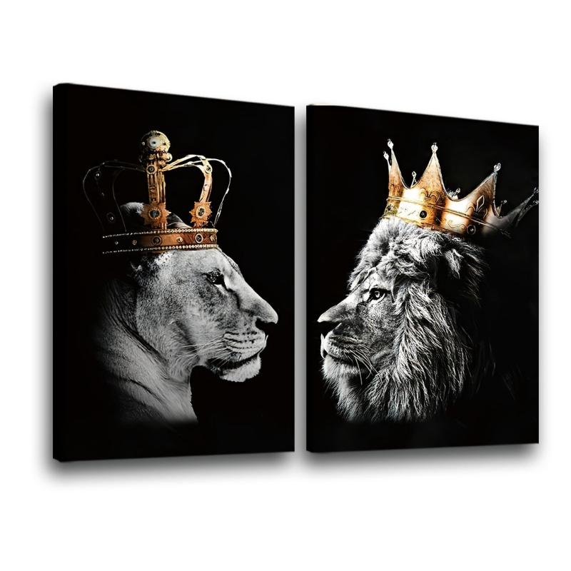 African Lion Couple King Crown Canvas Frame Wall Art 20x12 Inches