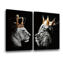 African Lion Couple King Crown Canvas Frame Wall Art 20x12 Inches