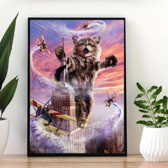 Funny Cat Plane High Rise Building Canvas Wall Art