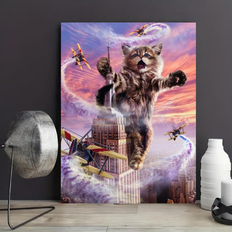 Funny Cat Plane High Rise Building Canvas Wall Art