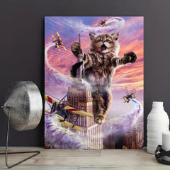 Funny Cat Plane High Rise Building Canvas Wall Art
