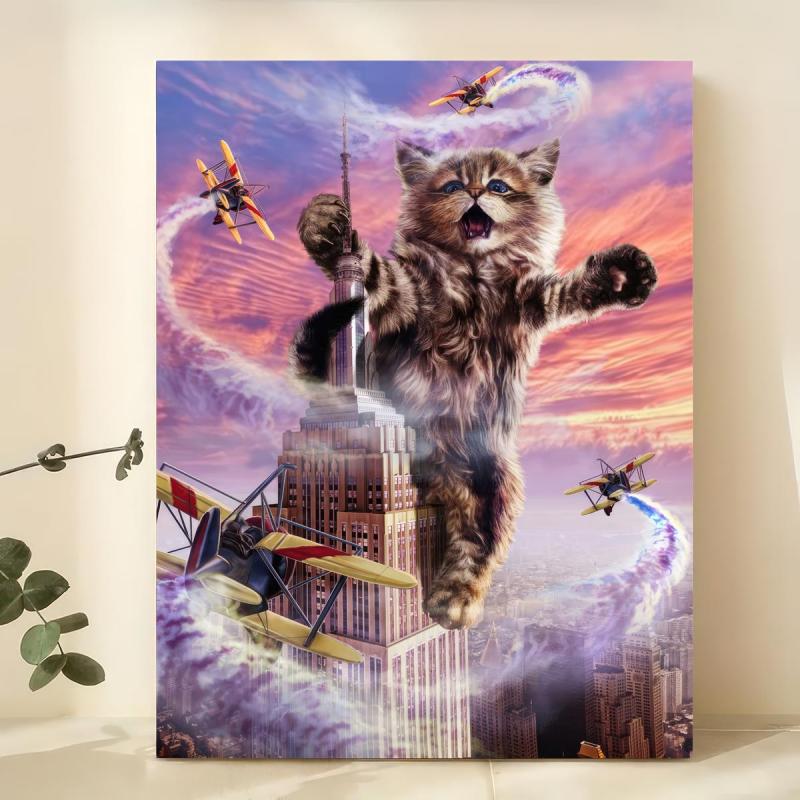 Funny Cat Plane High Rise Building Canvas Wall Art
