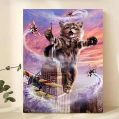 Funny Cat Plane High Rise Building Canvas Wall Art