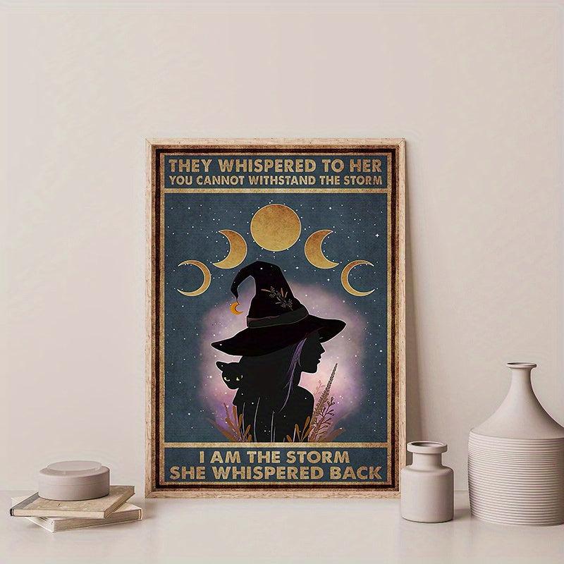 Abstract Moon Phase Witch Girl Painting on Canvas Wall Art