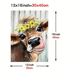 Kitchen Wall Decor Cow Picture Rustic Brown Cow Wearing Wreath Canvas Artwork