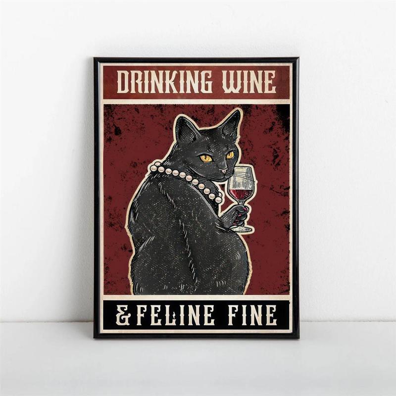 Retro Cat Painting on Canvas Wall Art Cat Drinking Wine Poster