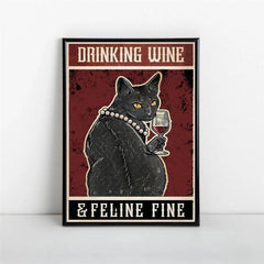 Retro Cat Painting on Canvas Wall Art Cat Drinking Wine Poster
