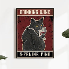 Retro Cat Painting on Canvas Wall Art Cat Drinking Wine Poster