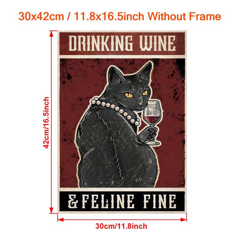 Retro Cat Painting on Canvas Wall Art Cat Drinking Wine Poster