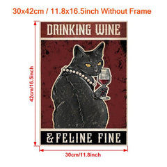 Retro Cat Painting on Canvas Wall Art Cat Drinking Wine Poster