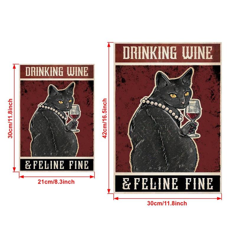 Retro Cat Painting on Canvas Wall Art Cat Drinking Wine Poster