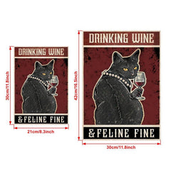 Retro Cat Painting on Canvas Wall Art Cat Drinking Wine Poster