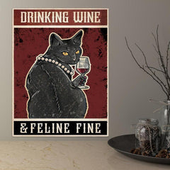 Retro Cat Painting on Canvas Wall Art Cat Drinking Wine Poster