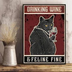 Retro Cat Painting on Canvas Wall Art Cat Drinking Wine Poster