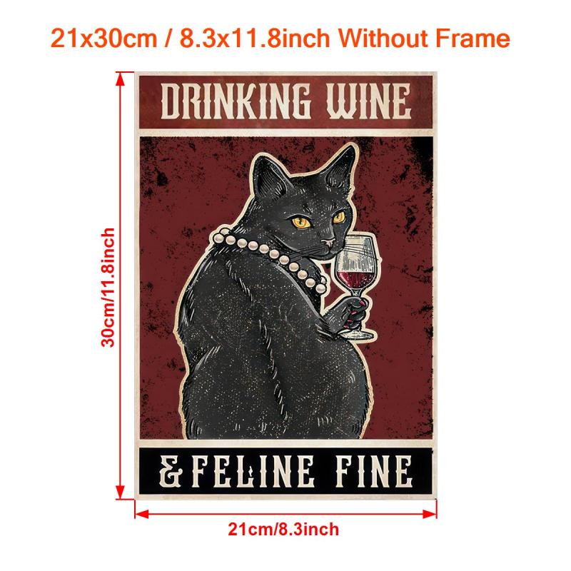 Retro Cat Painting on Canvas Wall Art Cat Drinking Wine Poster