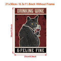 Retro Cat Painting on Canvas Wall Art Cat Drinking Wine Poster