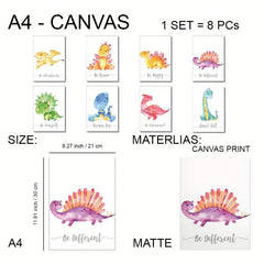 8pcs Watercolor Dinosaur Poster Art 12 x8