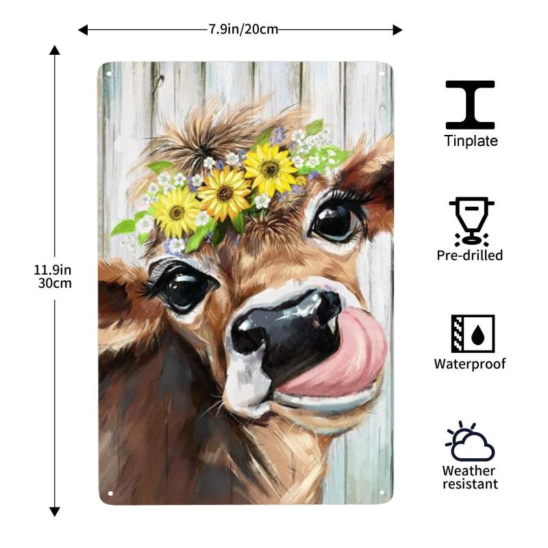 Brown Cow Wearing a Wreath Tin Sign Retro Metal Poster 8x12-Inch