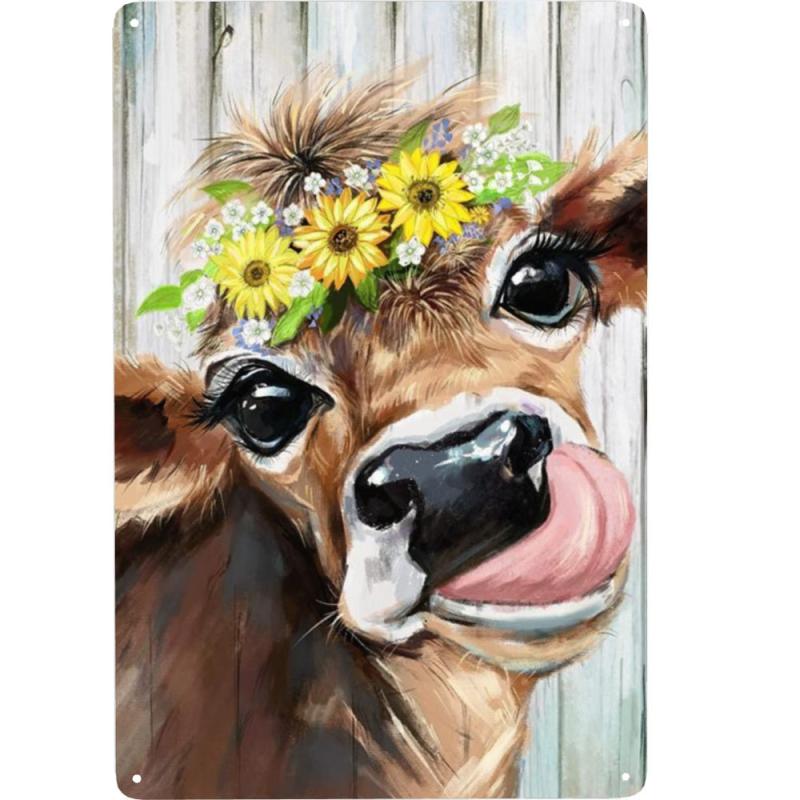 Brown Cow Wearing a Wreath Tin Sign Retro Metal Poster 8x12-Inch