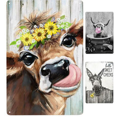 Brown Cow Wearing a Wreath Tin Sign Retro Metal Poster 8x12-Inch