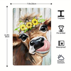 Brown Cow Wearing a Wreath Tin Sign Retro Metal Poster 8x12-Inch