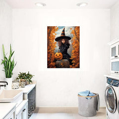 Canvas Poster Young Witch Halloween Forest Pumpkin Art Print