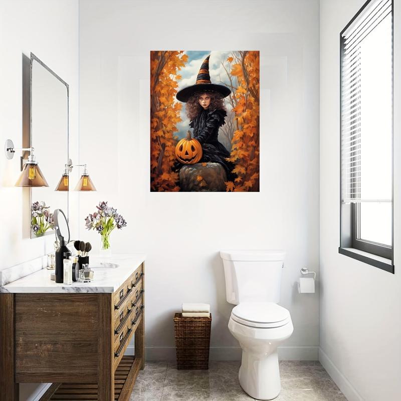 Canvas Poster Young Witch Halloween Forest Pumpkin Art Print