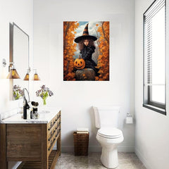 Canvas Poster Young Witch Halloween Forest Pumpkin Art Print