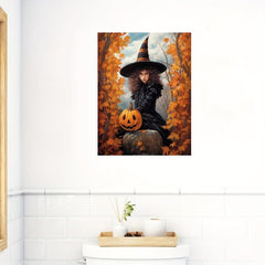 Canvas Poster Young Witch Halloween Forest Pumpkin Art Print