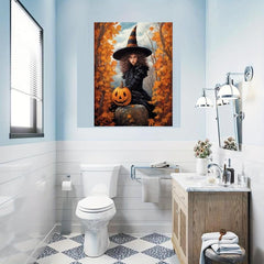 Canvas Poster Young Witch Halloween Forest Pumpkin Art Print