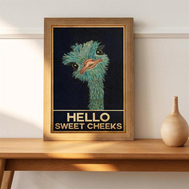 Vintage Canvas Painting Funny Animal Rustic Ostrich Wall Art
