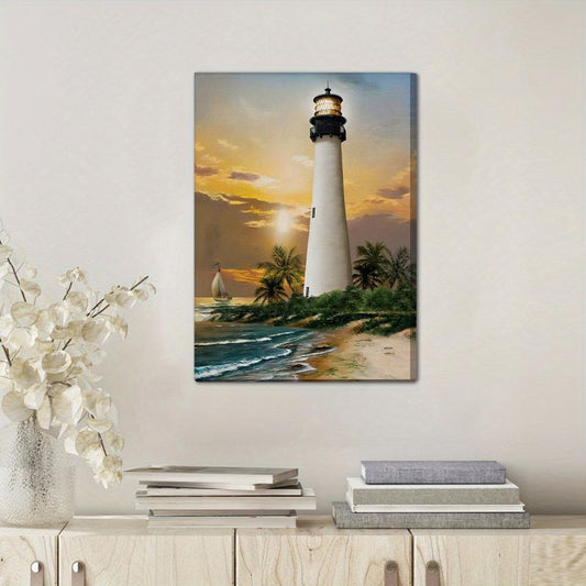 Framed Bay Lighthouse Sunset Scenery Art 30x39 cm