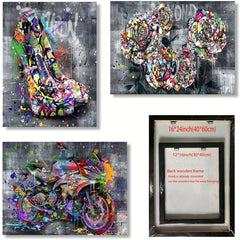 Framed Graffiti Canvas Art Painting Motorcycle High Heels Rose Poster